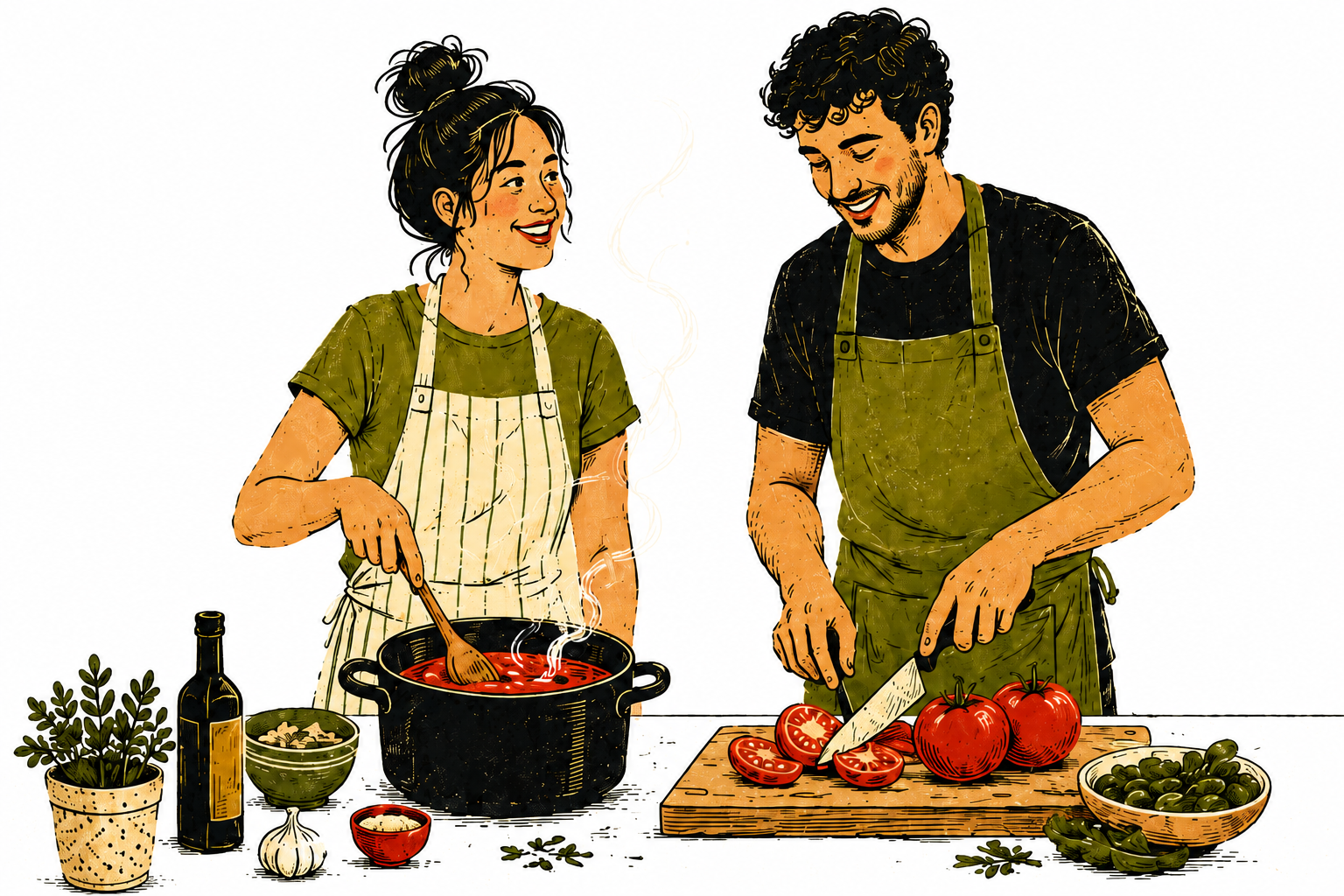 Two people cooking alongside each other at a shared kitchen counter