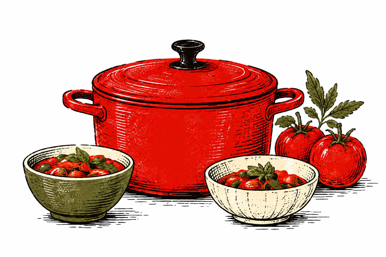 A pot and two bowls of freshly cooked food